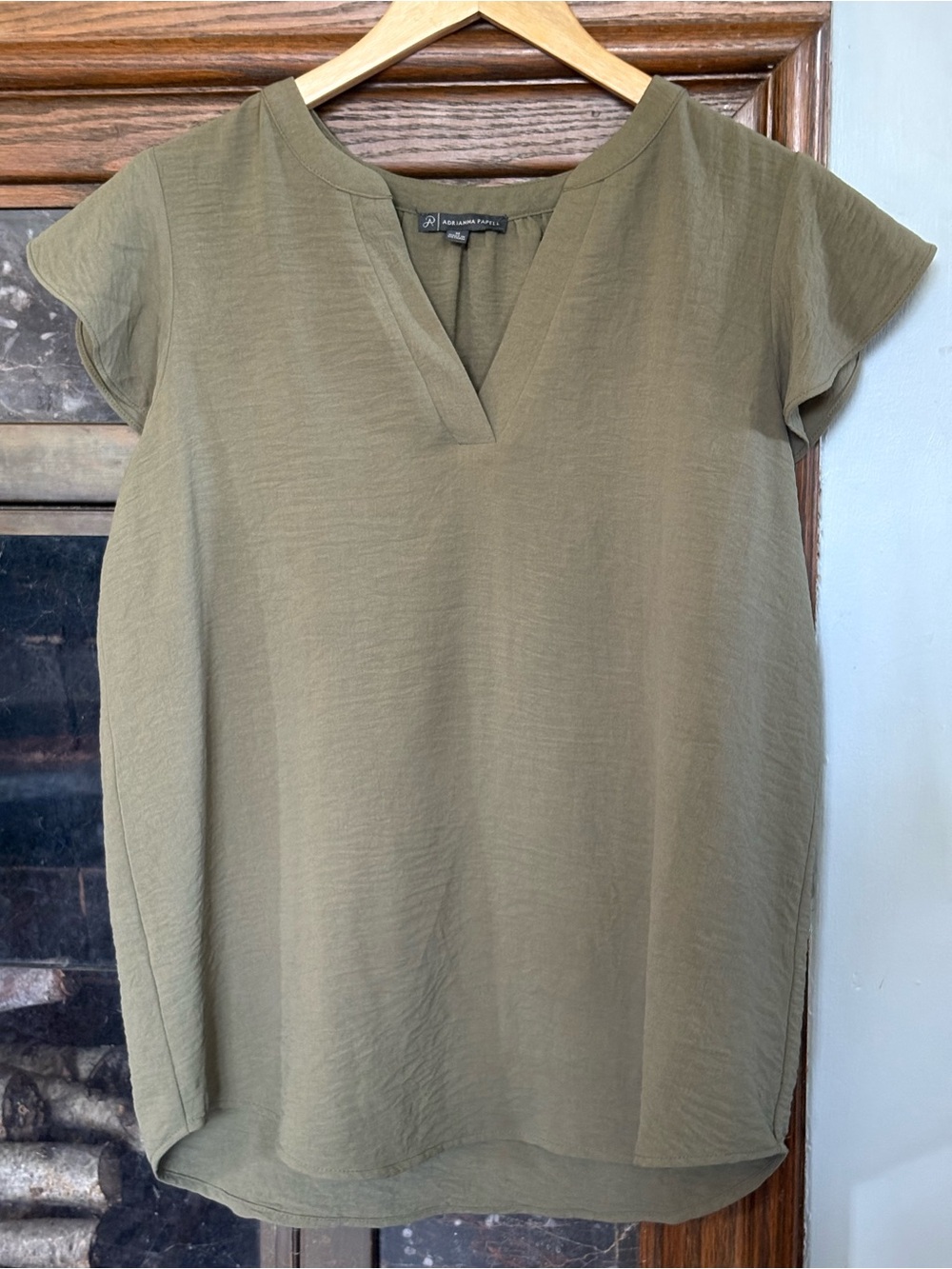 Adrianna Papell V-Neck Olive Green Women's Blouse Top Size M